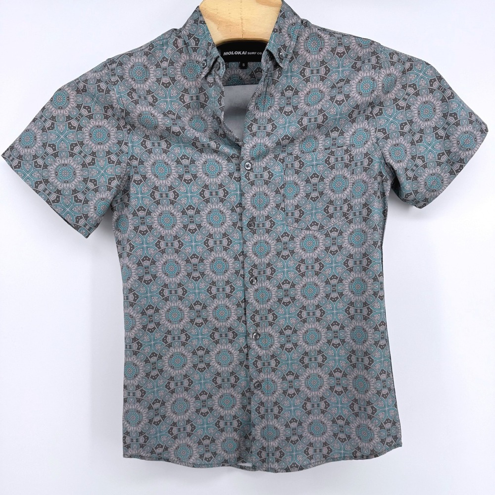 Molokai Surf Co Button Down Shirt Mens Small Grey Turquoise Mandala Pattern - Picture 2 of 7